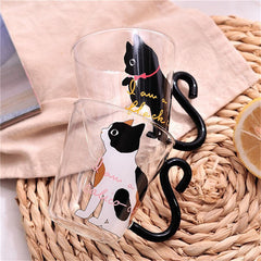 Kitchen Home Cute Cat Glass Juice Coffee Cup Milk Tea Coffee Glass Mug Cat Tail Handle Cat Valentine's Day Lover Gifts Stainless Spoon