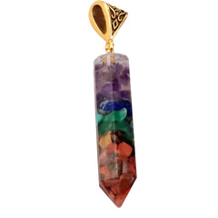 Seven Chakra Natural Crushed Stone Hexagon Column Necklace Aura Pendant