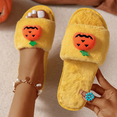 Halloween Cute Pumpkin Plush Slippers Home Indoor Open Toe Shoes Winter Warm Bedroom Slippers For Women