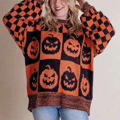 Halloween Cartoon Ghost And Checkerboard Print Pullover Sweater Autumn And Winter Loose Long-sleeved Knitted Tops For Women