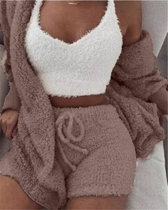 Winter Sexy Women Home Wear Suit Casual Pajamas Set Lady Female Soft Warm Long Sleeve Exposed Navel Vest Shorts Set