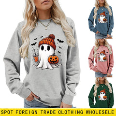 Fashion Long Sleeve Milk Tea Pumpkin Bat Printed Crew Neck Sweatshirt