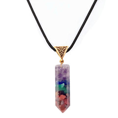 Seven Chakra Natural Crushed Stone Hexagon Column Necklace Aura Pendant