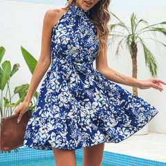 New Flowers Print Halterneck Dress Summer Fashion Temperament Lace-up Ruffled Dresses For Women