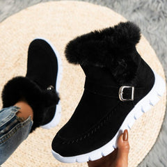 New Snow Boots Winter Warm Thickened Solid Color Plush Ankle Boots With Buckle Design Plus Velvet Flat Shoes For Women