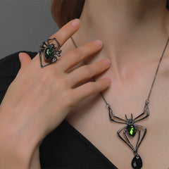 3pcs Halloween Drop-shapedp Spider Necklace Set With Earrings Ring Vintage Necklace Pendant