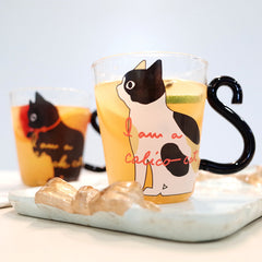 Kitchen Home Cute Cat Glass Juice Coffee Cup Milk Tea Coffee Glass Mug Cat Tail Handle Cat Valentine's Day Lover Gifts Stainless Spoon