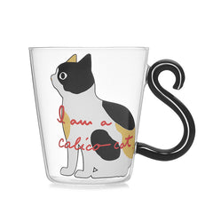 Kitchen Home Cute Cat Glass Juice Coffee Cup Milk Tea Coffee Glass Mug Cat Tail Handle Cat Valentine's Day Lover Gifts Stainless Spoon