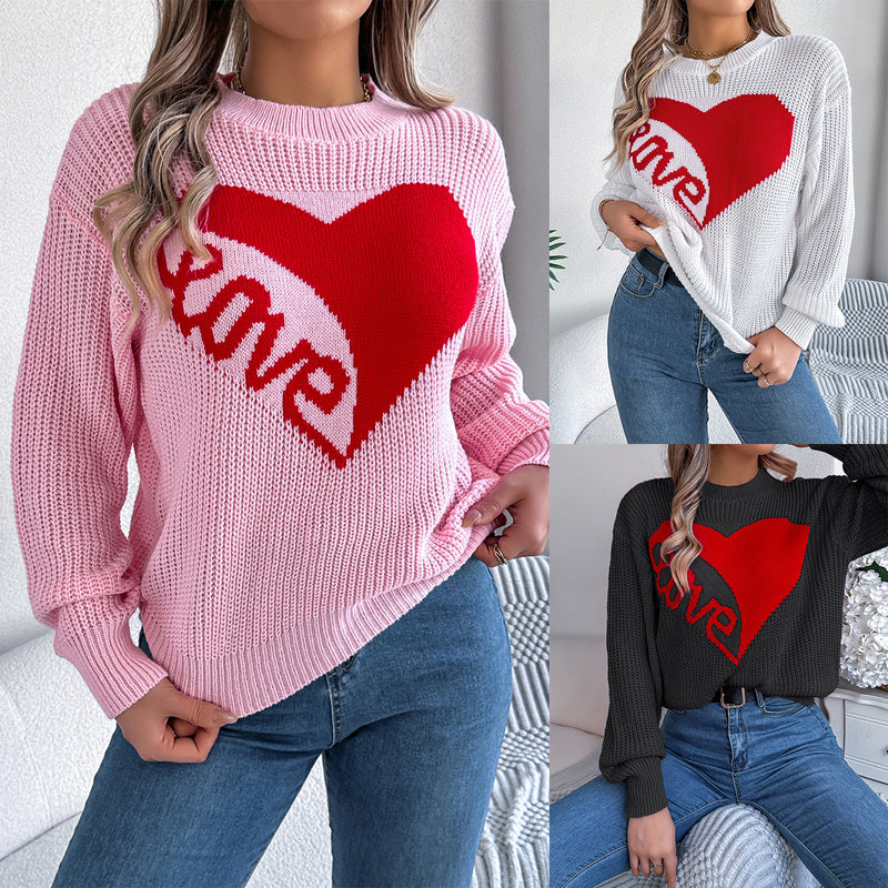 Love Print Pullover Sweater Autumn And Winter Loose Long-sleeved Knitted Tops For Women Valentine's Day Clothing