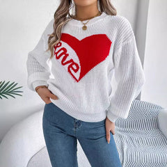 Love Print Pullover Sweater Autumn And Winter Loose Long-sleeved Knitted Tops For Women Valentine's Day Clothing