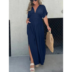 Fashion Bat-sleeved V-neck Slit Dress Summer Short Sleeve Elastic Waist Long Dresses Womens Clothing