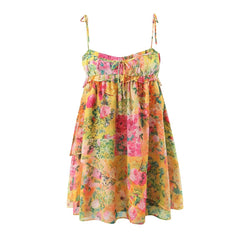 Y2K Flowers Print Suspender Dress Summer Fashion Ruffled Holiday Beach Short Dresses Womens Clothing