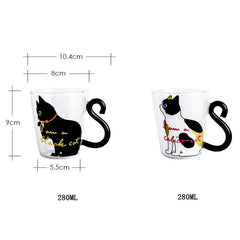 Kitchen Home Cute Cat Glass Juice Coffee Cup Milk Tea Coffee Glass Mug Cat Tail Handle Cat Valentine's Day Lover Gifts Stainless Spoon