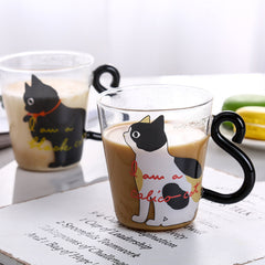 Kitchen Home Cute Cat Glass Juice Coffee Cup Milk Tea Coffee Glass Mug Cat Tail Handle Cat Valentine's Day Lover Gifts Stainless Spoon