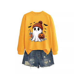 Fashion Long Sleeve Milk Tea Pumpkin Bat Printed Crew Neck Sweatshirt