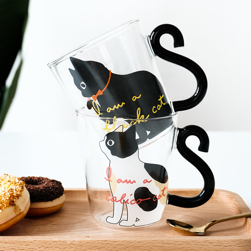 Kitchen Home Cute Cat Glass Juice Coffee Cup Milk Tea Coffee Glass Mug Cat Tail Handle Cat Valentine's Day Lover Gifts Stainless Spoon