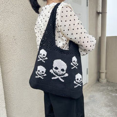 Halloween Skull Knitted Shoulder Bag Funny Personality Shopping Bags For Women Hollow Handbags