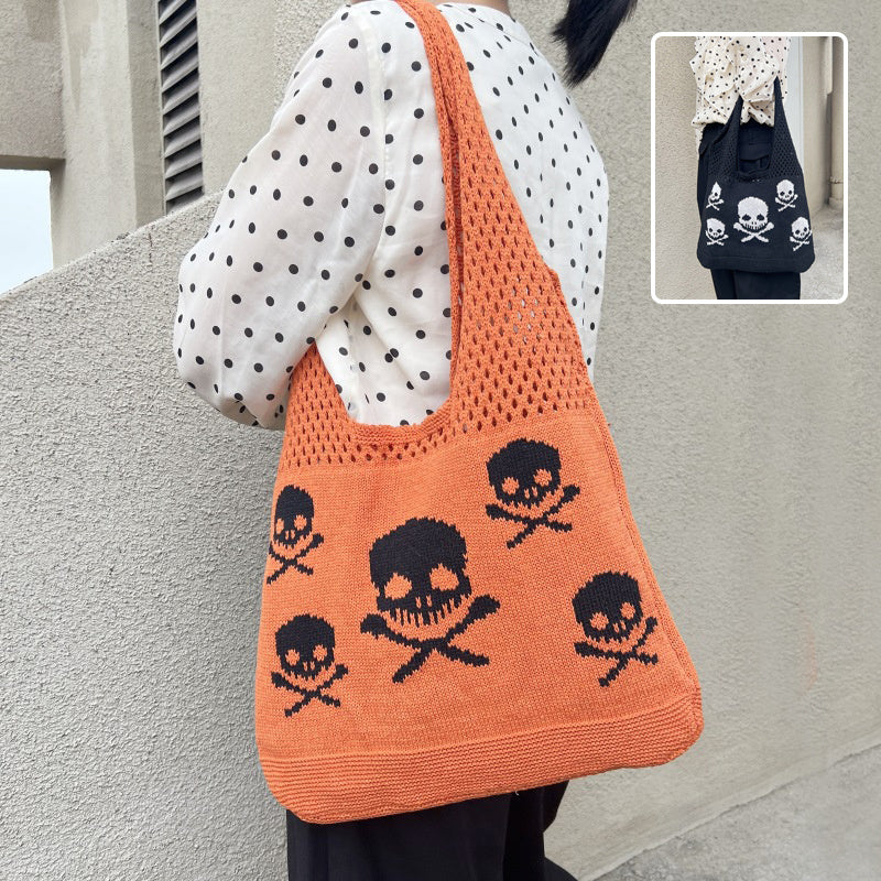 Halloween Skull Knitted Shoulder Bag Funny Personality Shopping Bags For Women Hollow Handbags