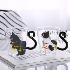 Kitchen Home Cute Cat Glass Juice Coffee Cup Milk Tea Coffee Glass Mug Cat Tail Handle Cat Valentine's Day Lover Gifts Stainless Spoon